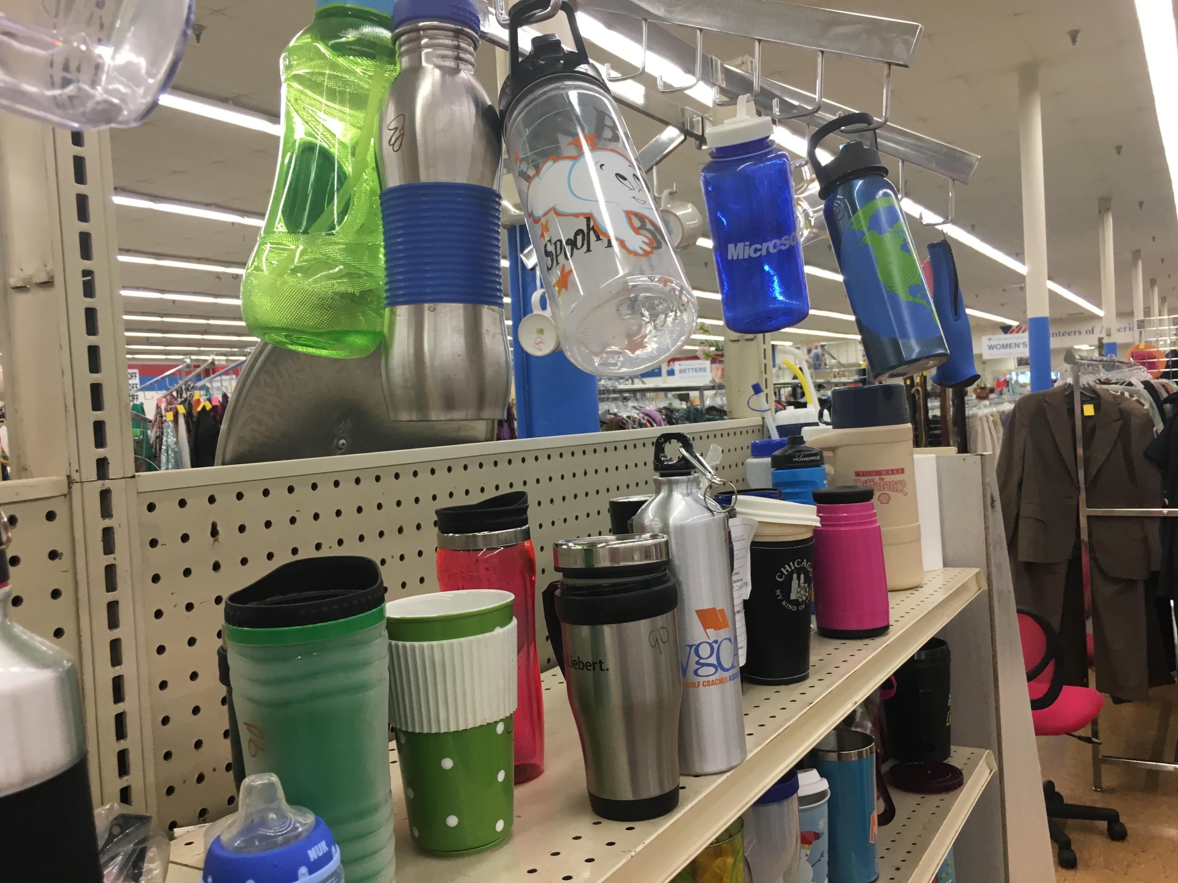 Volunteers of America thrift stores have so many water bottles to choose from 